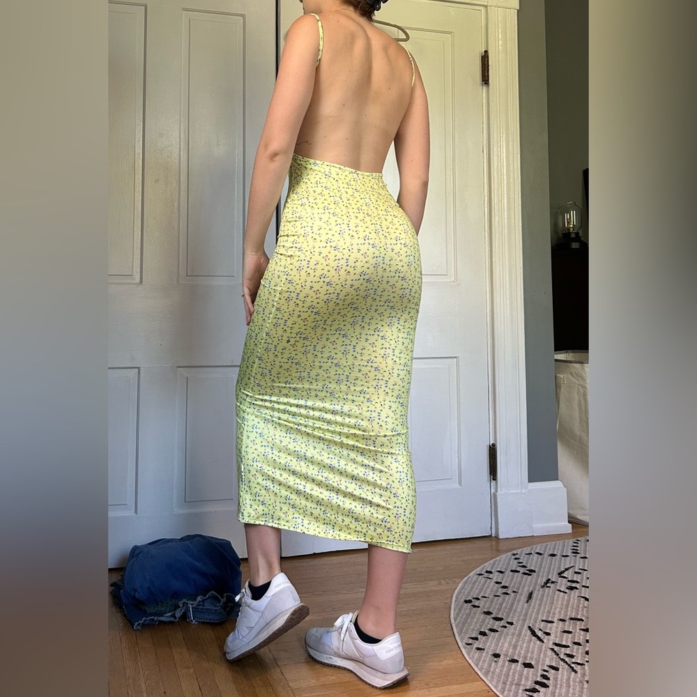 Yellow Floral Bodycon Open Back Midi Dress - S/M